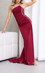 L1784 - Sexy Satin Fitted One Shoulder Sleeveless Pleats Beaded Party Prom Evening Dress