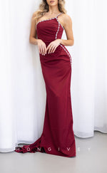 L1784 - Sexy Satin Fitted One Shoulder Sleeveless Pleats Beaded Party Prom Evening Dress