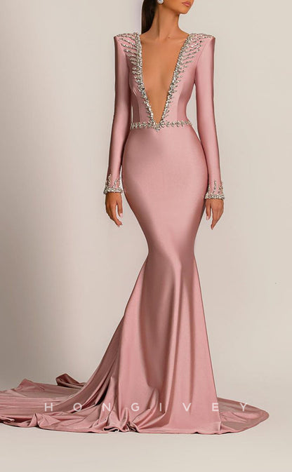 L1785 - Sexy Satin Trumpt Glitter Scoop Long Sleeve Beaded With Train Party Prom Evening Dress