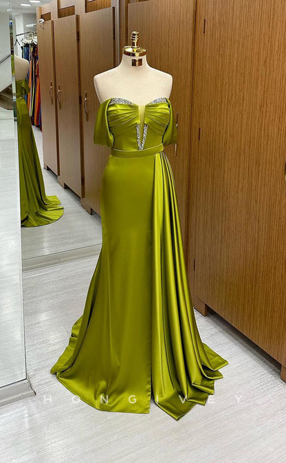 L1791 - Sexy Satin Off-Shoulder Empire Ruched Beaded With Train Party Prom Evening Dress
