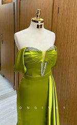 L1791 - Sexy Satin Off-Shoulder Empire Ruched Beaded With Train Party Prom Evening Dress