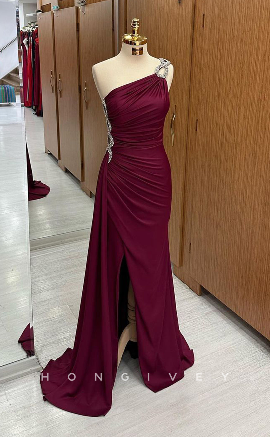 L1792 - Sexy Satin Fitted One Shoulder Sleeveless Pleats Beaded With Side Slit Party Prom Evening Dress