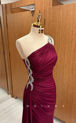 L1792 - Sexy Satin Fitted One Shoulder Sleeveless Pleats Beaded With Side Slit Party Prom Evening Dress