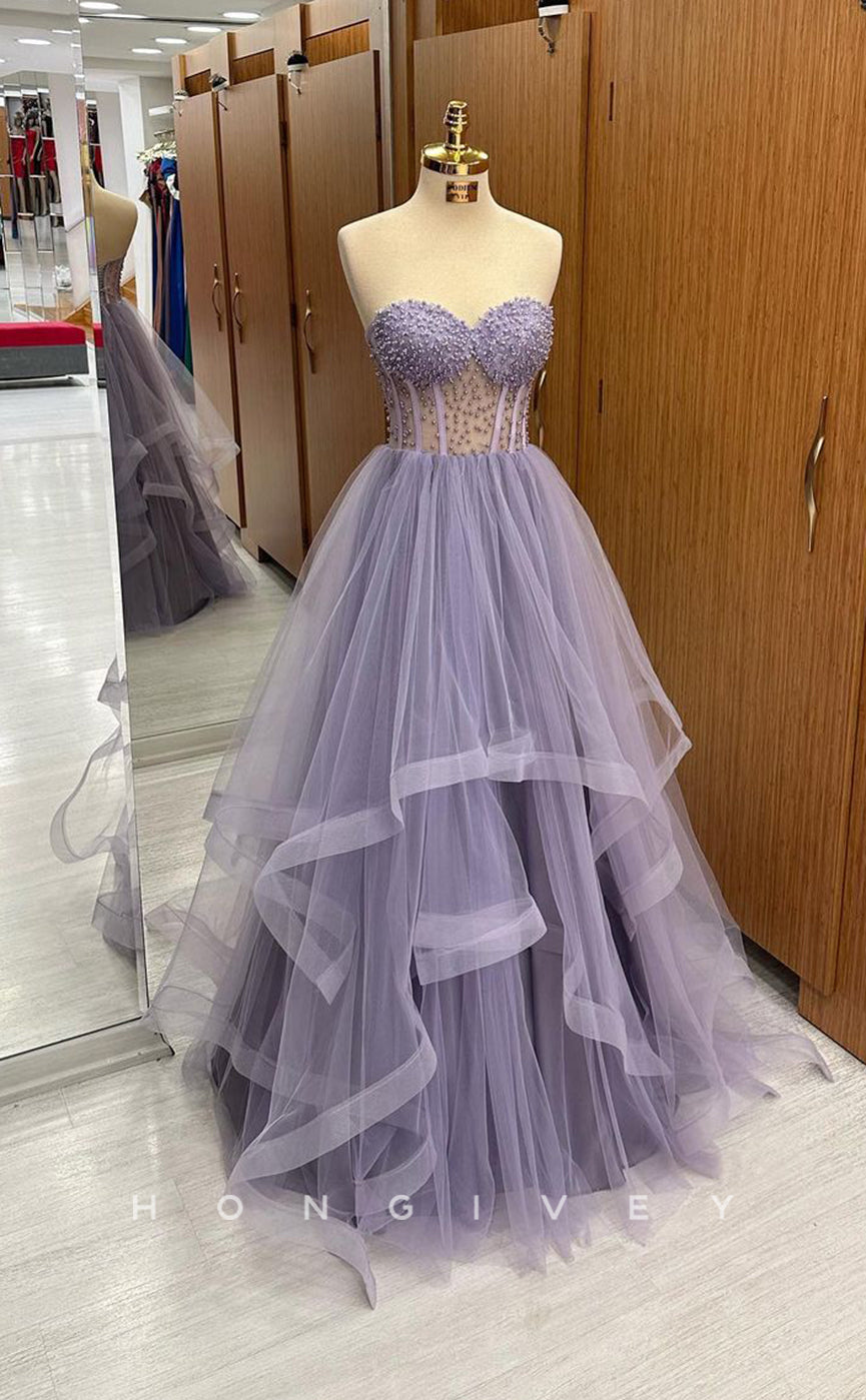 L1794 - Sexy Tulle A-Line Sweetheart Sleeveless Illusion Empire Beaded Party Prom Evening Dress