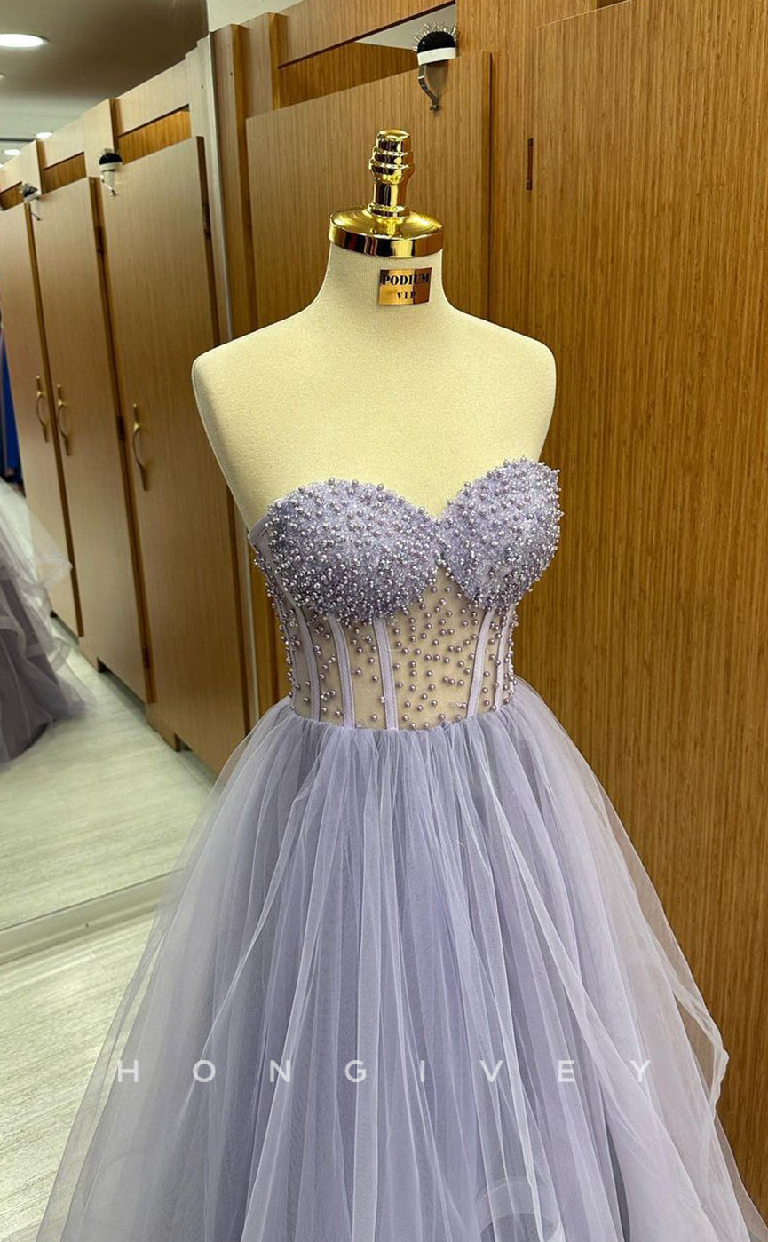 L1794 - Sexy Tulle A-Line Sweetheart Sleeveless Illusion Empire Beaded Party Prom Evening Dress