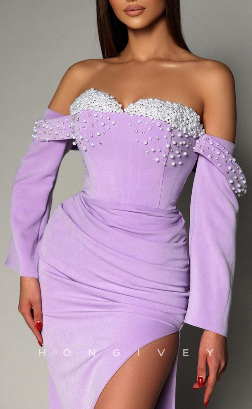 L1804 - Sexy Satin Fitted Off-Shoulder Sweetheart 3/4 Sleeves Beaded Pleats Party Prom Evening Dress