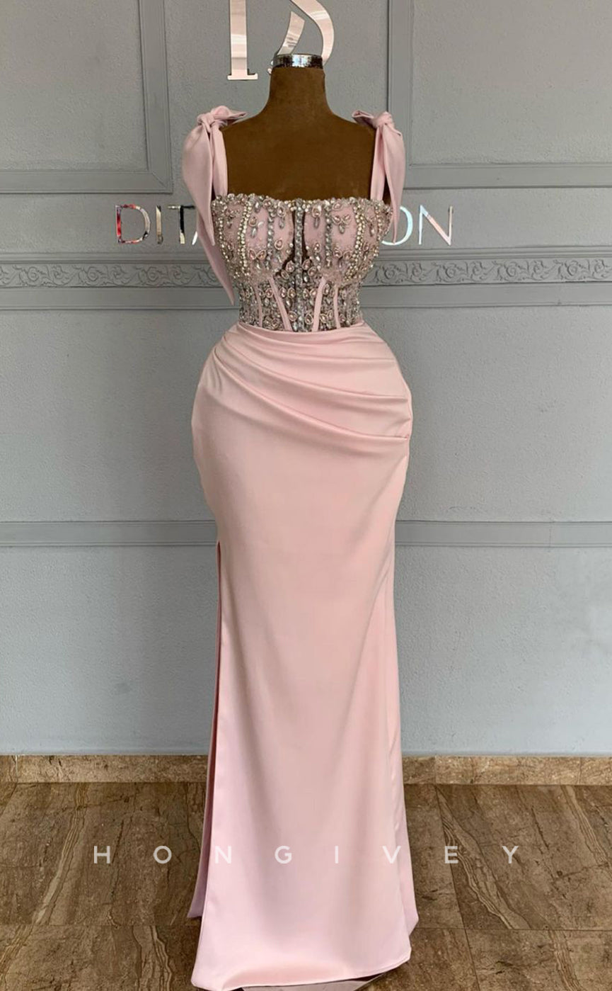 L1806 - Sexy Satin Fitted Illusion Sweetheart Straps Empire Pleats Beaded Party Prom Evening Dress