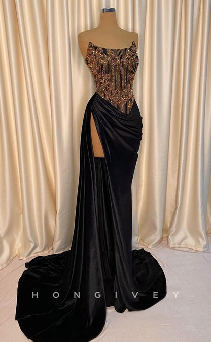 L1808 - Sexy Satin Fitted Illusion Bateau Sleeveless Ruched Beaded With Side Slit Party Prom Evening Dress