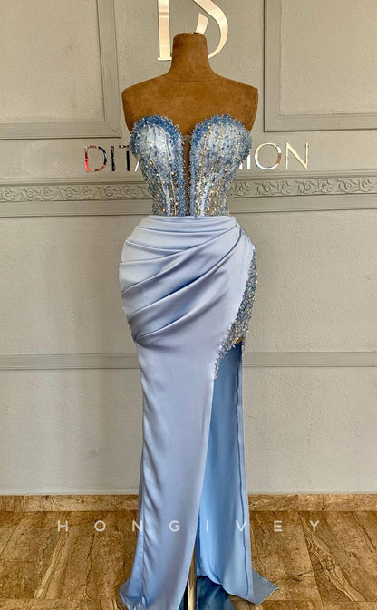 L1818 - Sexy Satin Fitted Glitter Sweetheart Strapless Sleeveless Beaded Ruched Party Prom Evening Dress