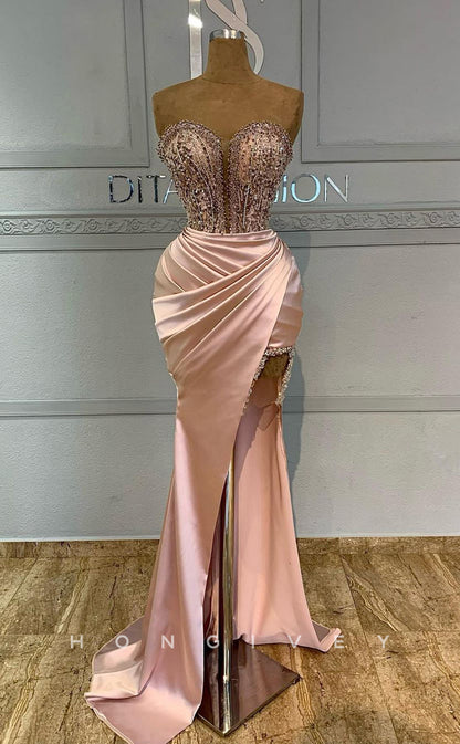 L1819 - Sexy Satin Fitted Glitter Sweetheart Strapless Sleeveless Empire Draped Beaded Party Prom Evening Dress