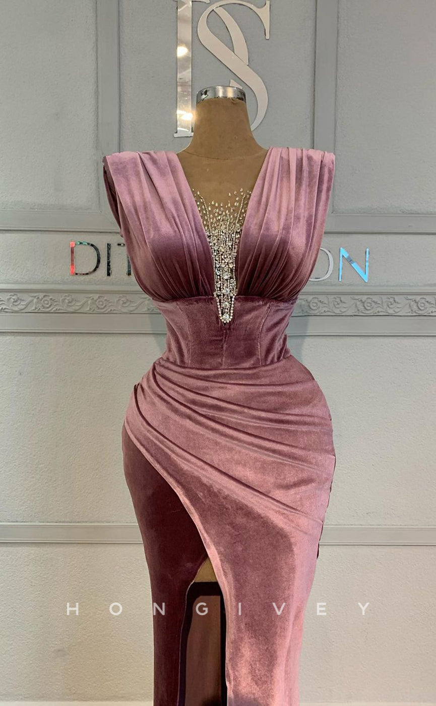 L1821 - Sexy Satin Fitted V-Neck Straps Sleeveless Empire Beaded Ruched Party Prom Evening Dress