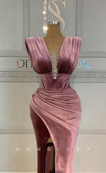 L1821 - Sexy Satin Fitted V-Neck Straps Sleeveless Empire Beaded Ruched Party Prom Evening Dress