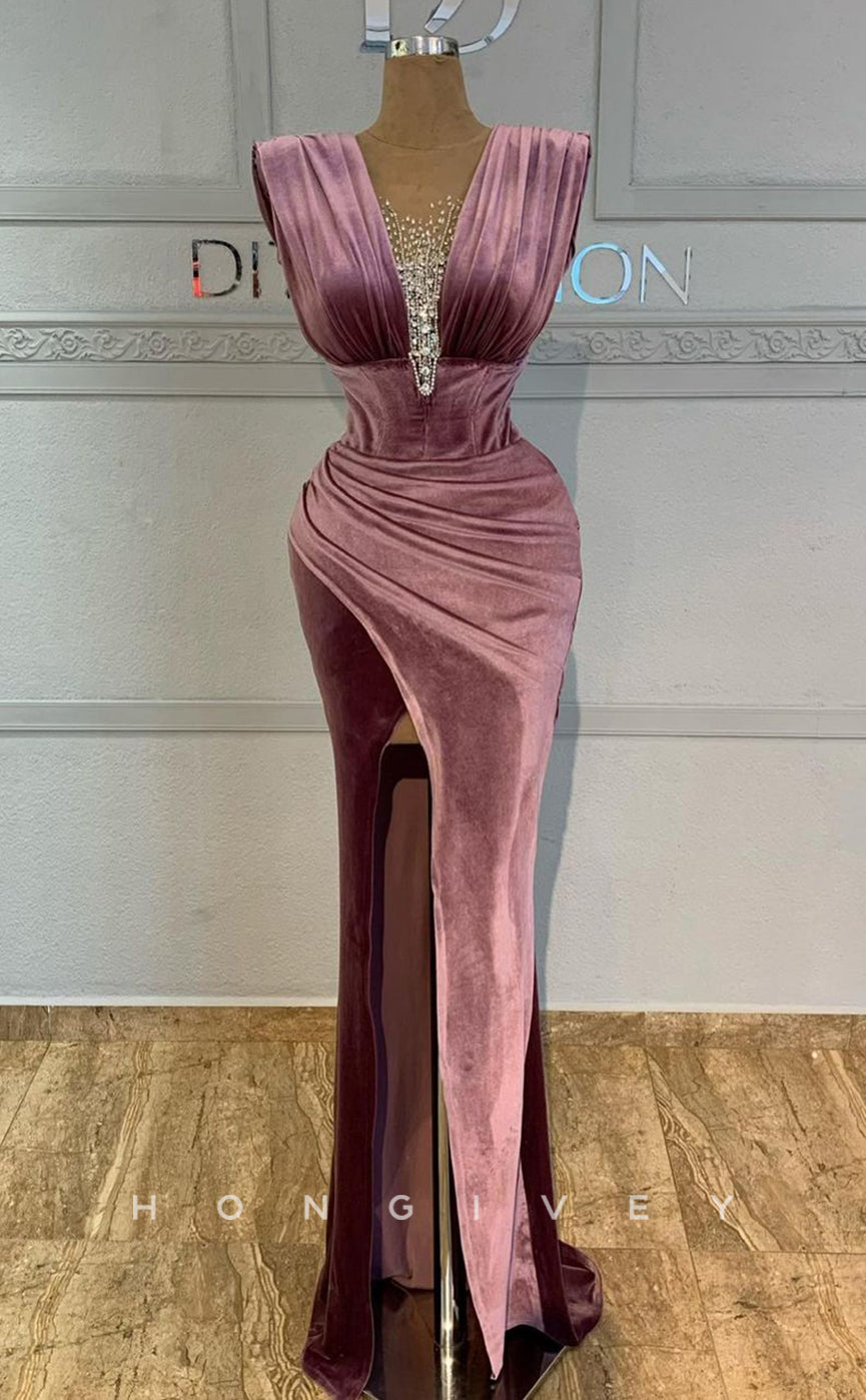 L1821 - Sexy Satin Fitted V-Neck Straps Sleeveless Empire Beaded Ruched Party Prom Evening Dress