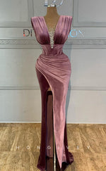 L1821 - Sexy Satin Fitted V-Neck Straps Sleeveless Empire Beaded Ruched Party Prom Evening Dress