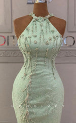 L1822 - Sexy Satin Fitted Glitter High Neck Sleeveless Empire Beaded Party Prom Evening Dress