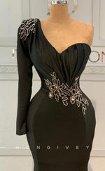 L1823 - Sexy Satin Trumpt One Shoulder Long Sleeve Empire Beaded With Train Party Prom Evening Dress