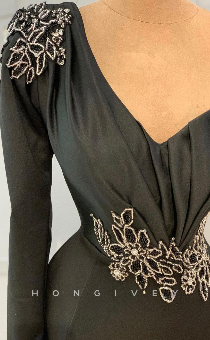 L1823 - Sexy Satin Trumpt One Shoulder Long Sleeve Empire Beaded With Train Party Prom Evening Dress