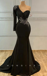 L1823 - Sexy Satin Trumpt One Shoulder Long Sleeve Empire Beaded With Train Party Prom Evening Dress