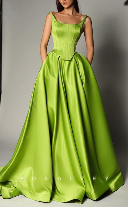 L1829 - Sexy Satin A-Line Square Sleeveless Empire With Pockets Train Party Prom Evening Dress