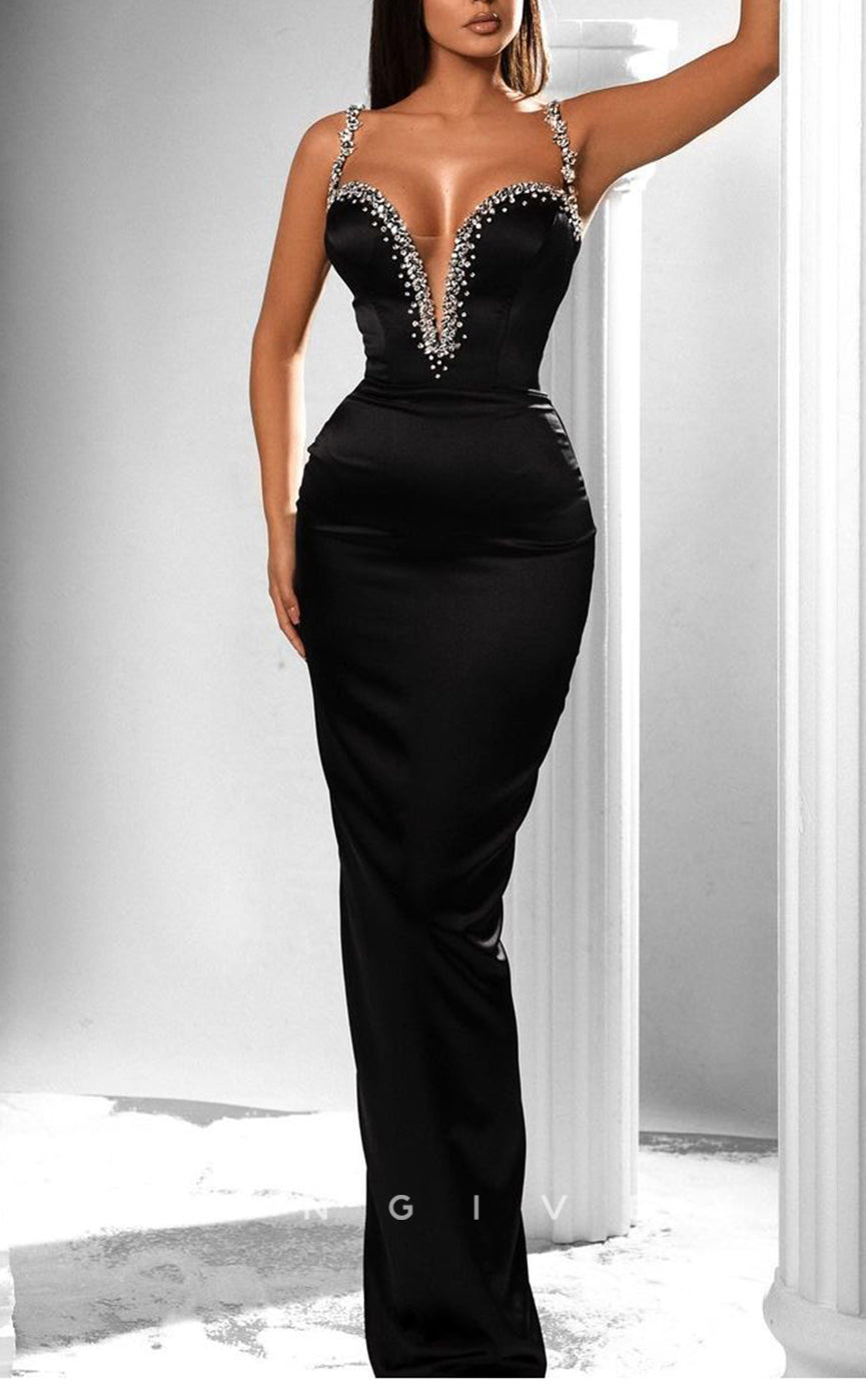 L1830 - Sexy Satin Fitted Plunging V-Neck Spaghetti Straps Empire Beaded Party Prom Evening Dress
