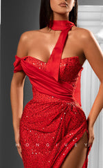 L1831 - Sexy Red Glitter Fitted One Shoulder Empire Ruched With Side Slit Fully Sequined Party Prom Evening Dress