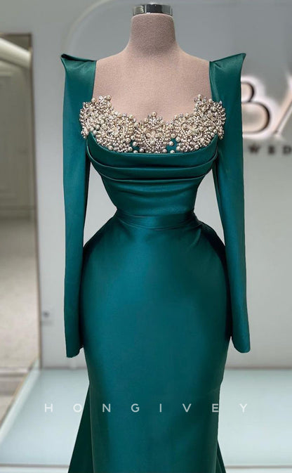L1834 - Sexy Satin Trumpt Bateau Long Sleeve Empire Beaded With Train Party Prom Evening Dress