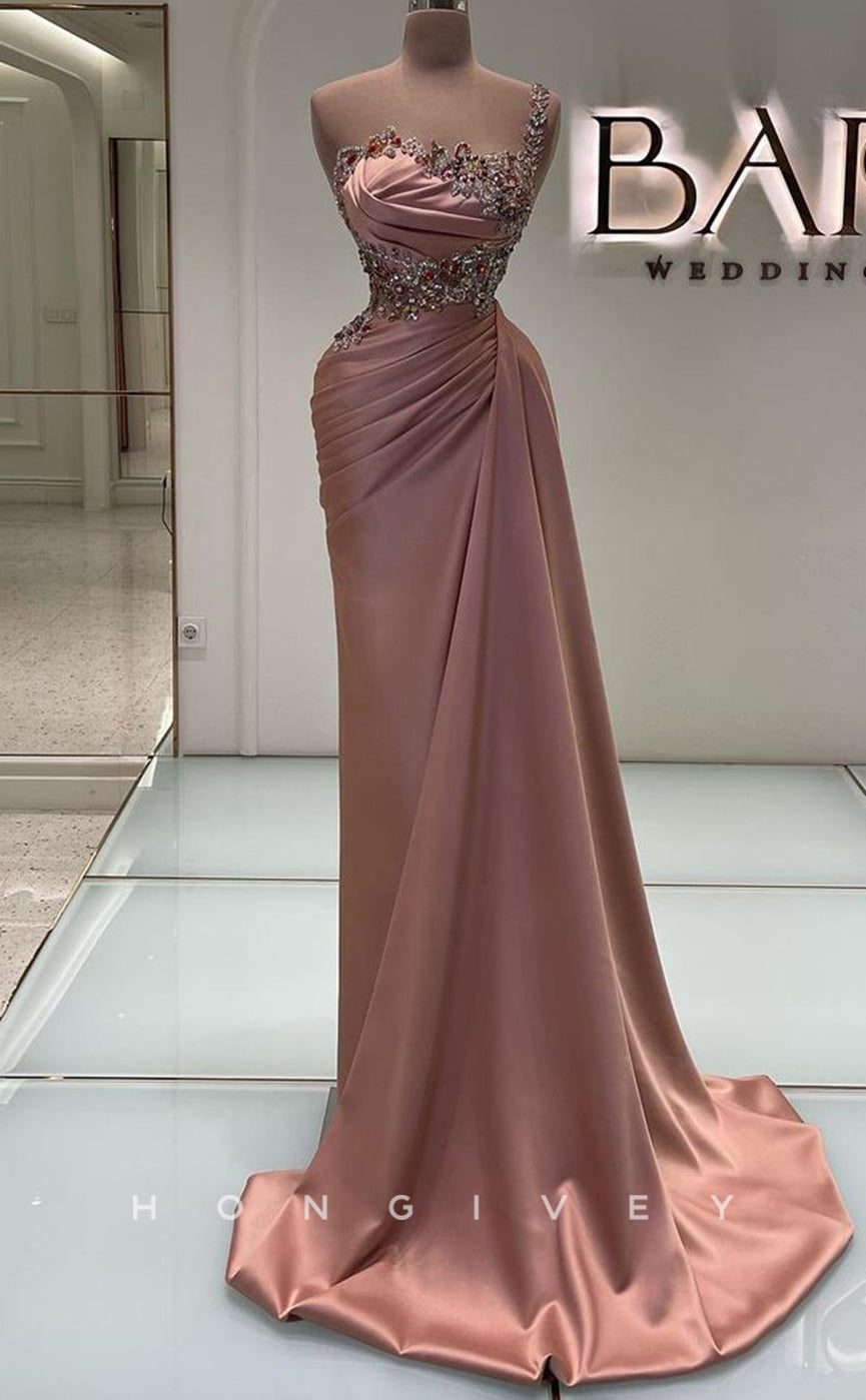 L1835 - Sexy Satin Fitted One Shoulder Sleeveless Empire Pleats Beaded With Train Party Prom Evening Dress