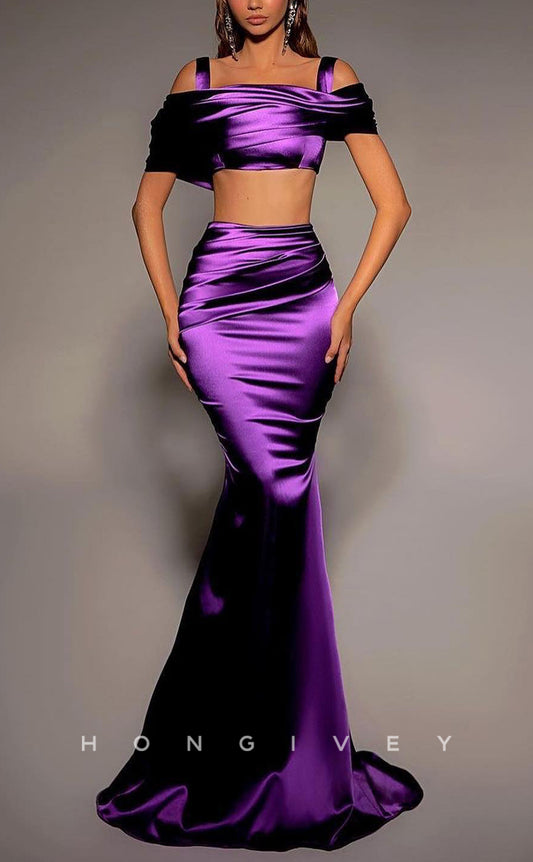 L1839 - Sexy Satin Trumpt Two Piece Illusion Off-Shoulder Ruched With Train Party Prom Evening Dress