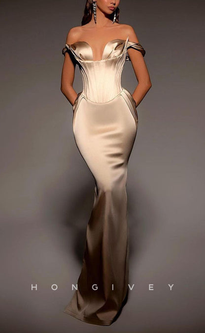 L1841 - Sexy Satin Fitted Off-Shoulder Sleeveless Empire With Train Party Prom Evening Dress