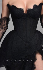 L1843 - Sexy Black Lace A-Line Strapless Empire Tiered Gloves With Side Slit Train Party Prom Evening Dress