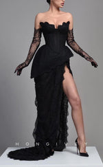 L1843 - Sexy Black Lace A-Line Strapless Empire Tiered Gloves With Side Slit Train Party Prom Evening Dress