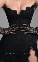 L1843 - Sexy Black Lace A-Line Strapless Empire Tiered Gloves With Side Slit Train Party Prom Evening Dress