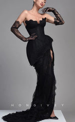 L1843 - Sexy Black Lace A-Line Strapless Empire Tiered Gloves With Side Slit Train Party Prom Evening Dress