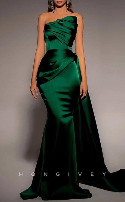 L1844 - Sexy Satin Fitted Asymmetrical Sleeveless Empire Ruched With Train Party Prom Evening Dress