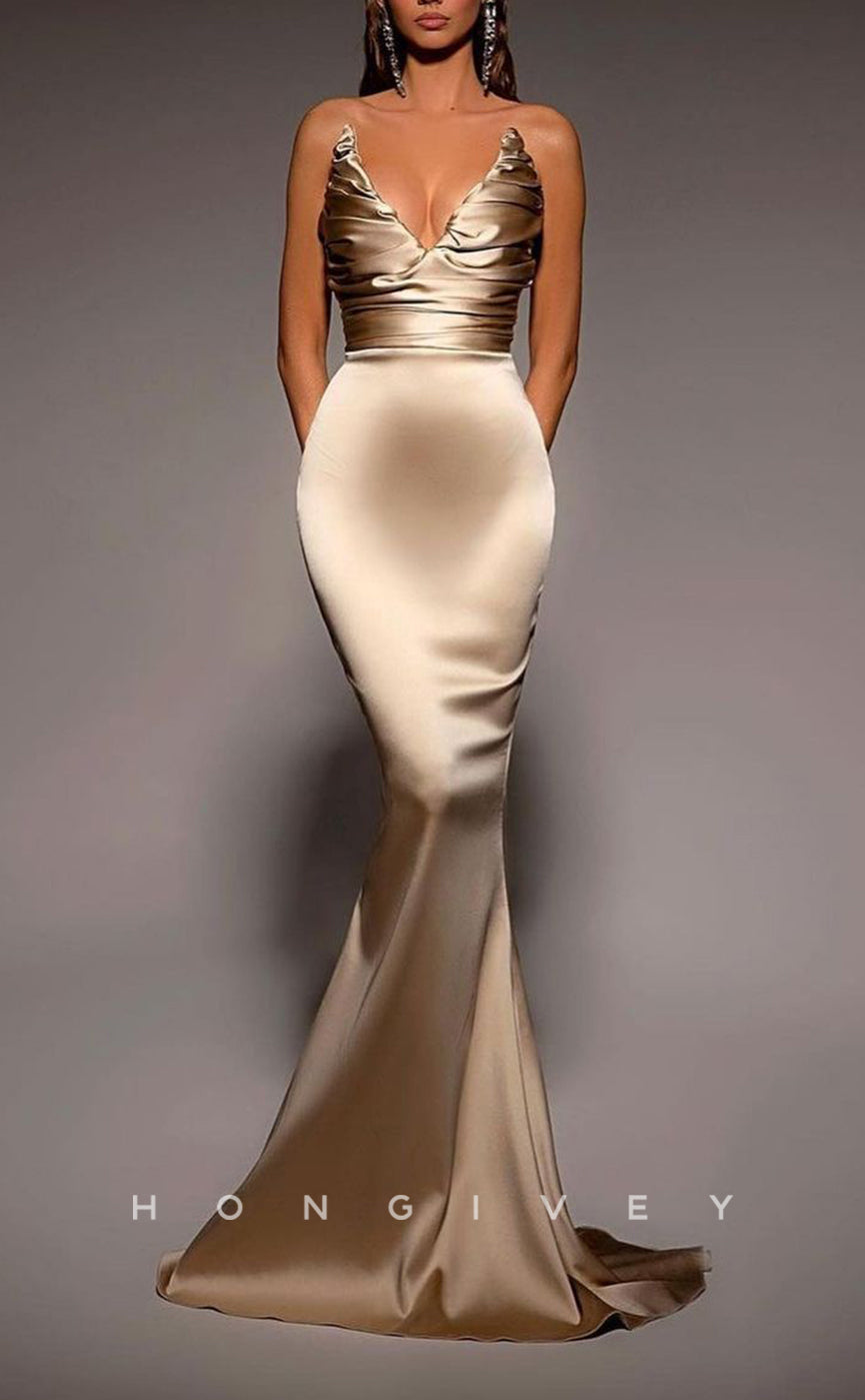 L1845 - Sexy Satin Trumpt V-Neck Sleeveless Empire Ruched With Train Party Prom Evening Dress