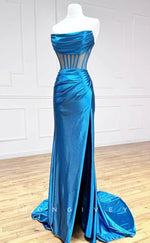 L1847 - Sexy Satin Fittde Bateau Strapless Illusion Empire Pleats With Side Slit Party Prom Evening Dress