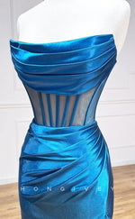 L1847 - Sexy Satin Fittde Bateau Strapless Illusion Empire Pleats With Side Slit Party Prom Evening Dress