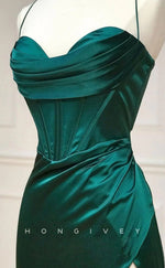 L1848 - Sexy Satin Fitted Asymmetrical Spaghetti Straps Ruched With Side Slit Party Prom Evening Dress