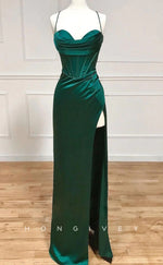 L1848 - Sexy Satin Fitted Asymmetrical Spaghetti Straps Ruched With Side Slit Party Prom Evening Dress