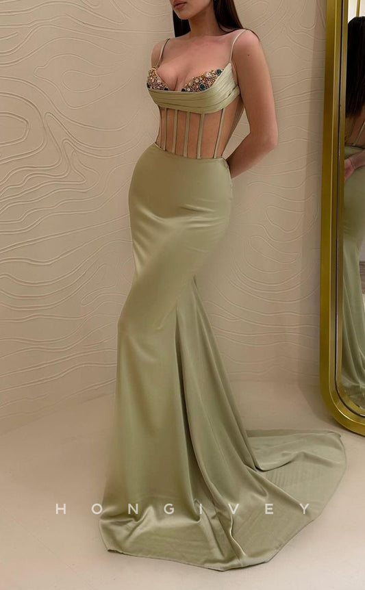 L1851 - Sexy Satin Trumpt Bateau Spaghetti Straps Illusion Empire Sleeveless Beaded Party Prom Evening Dress