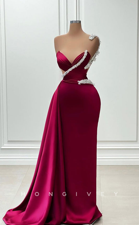 L1852 - Sexy Satin Fitted Sweetheart Strapless Sleeveless Empire Beaded With Train Party Prom Evening Dress