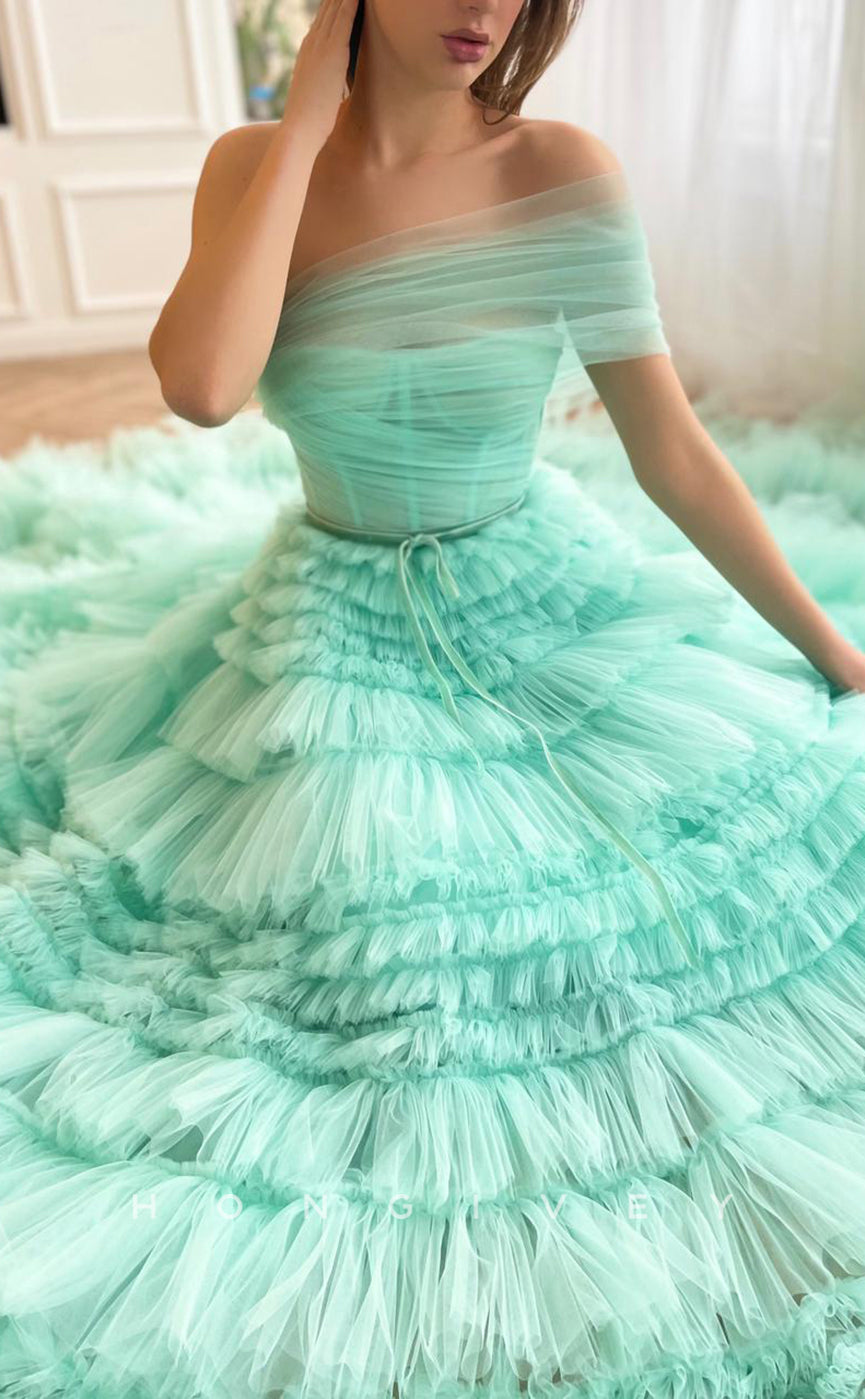 L1854 - Sexy Tulle A-Line Illusion One Shoulder Empire Tiered Long Ball Gown Party Prom Evening Dress