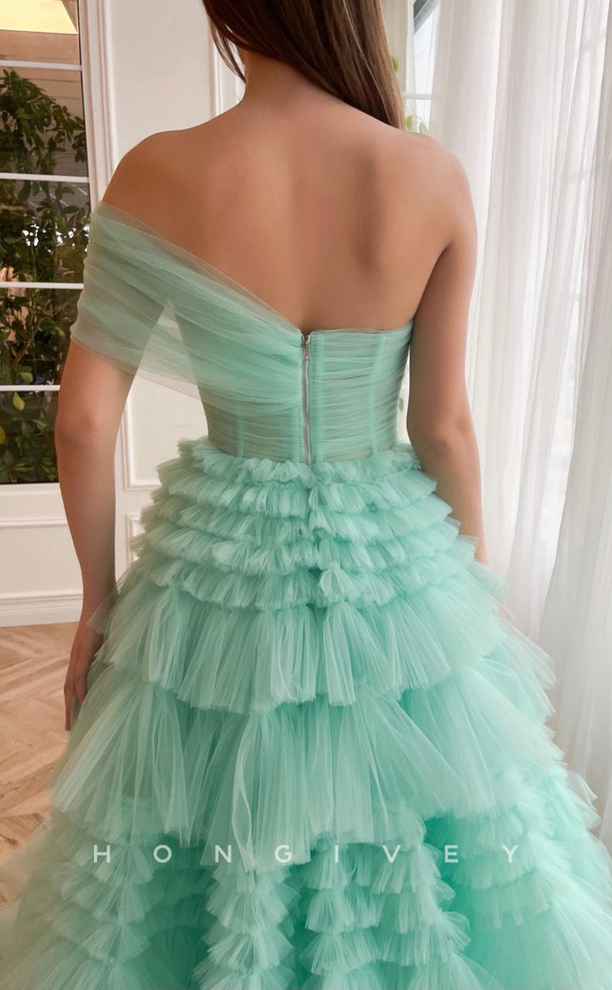 L1854 - Sexy Tulle A-Line Illusion One Shoulder Empire Tiered Long Ball Gown Party Prom Evening Dress
