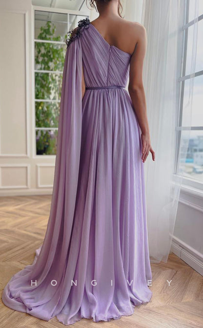 L1855 - Sexy Satin A-Line One Shoulder Empire Belt Pleats Beaded With Side Slit Train Party Prom Evening Dress