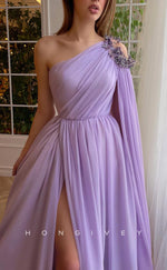 L1855 - Sexy Satin A-Line One Shoulder Empire Belt Pleats Beaded With Side Slit Train Party Prom Evening Dress