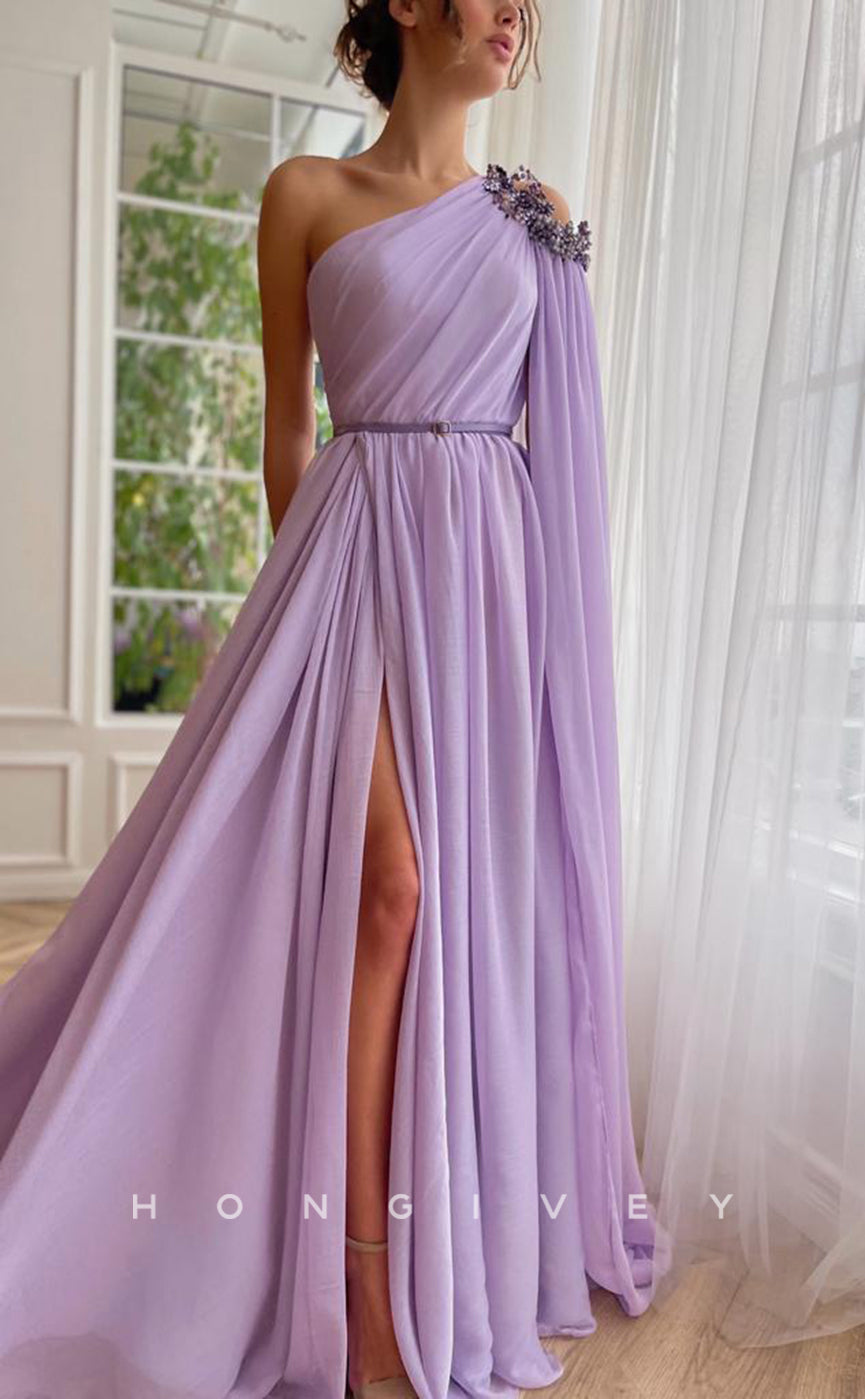 L1855 - Sexy Satin A-Line One Shoulder Empire Belt Pleats Beaded With Side Slit Train Party Prom Evening Dress