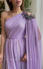 L1855 - Sexy Satin A-Line One Shoulder Empire Belt Pleats Beaded With Side Slit Train Party Prom Evening Dress