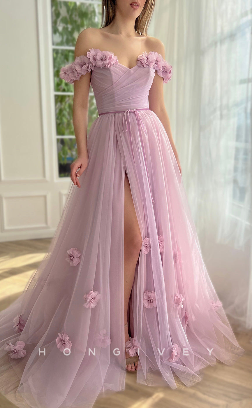L1856 - Sexy Tulle A-Line Off-Shoulder Sleeveless Empire Floral Embossed With Side SlitParty Prom Evening Dress