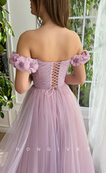 L1856 - Sexy Tulle A-Line Off-Shoulder Sleeveless Empire Floral Embossed With Side SlitParty Prom Evening Dress