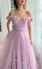 L1856 - Sexy Tulle A-Line Off-Shoulder Sleeveless Empire Floral Embossed With Side SlitParty Prom Evening Dress